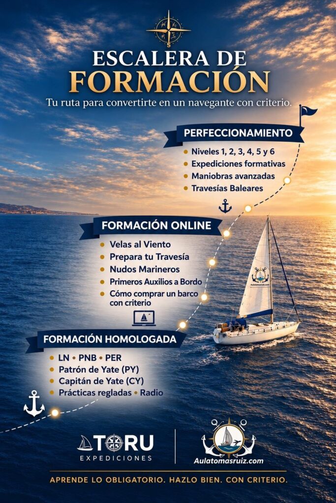 Escalera de formación náutica de Aula Tomás Ruiz con formación homologada, cursos online y perfeccionamiento práctico.